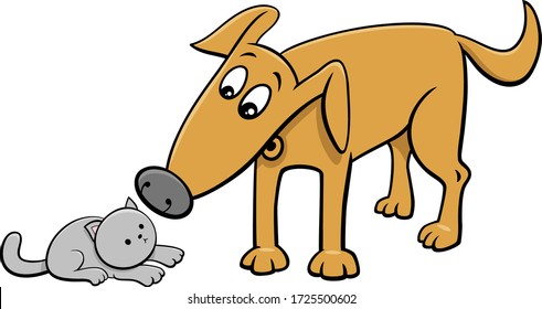 Cartoon Illustration of Funny Dog and Little Kitten