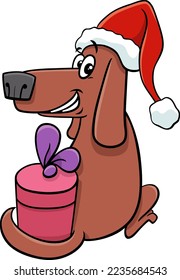 Cartoon illustration of funny dog or puppy animal character with gift on Christmas time