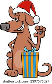 Cartoon illustration of funny dog or puppy animal character with present on Christmas time