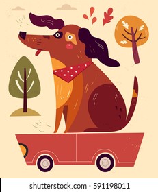 Cartoon illustration with funny dog sitting on the red car