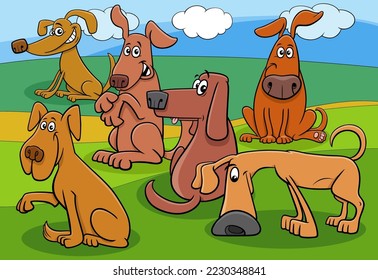 Cartoon illustration of funny dogs animal characters group outdoor