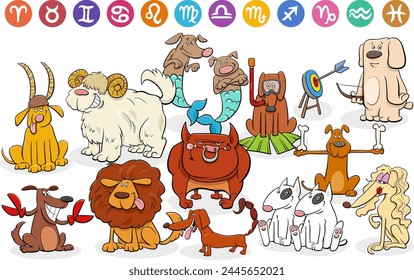 Cartoon illustration of funny dogs animal characters as zodiac signs