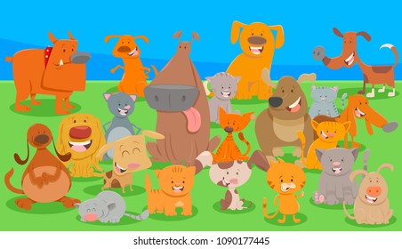 Cartoon Illustration of Funny Dogs and Cats Animal Characters Group