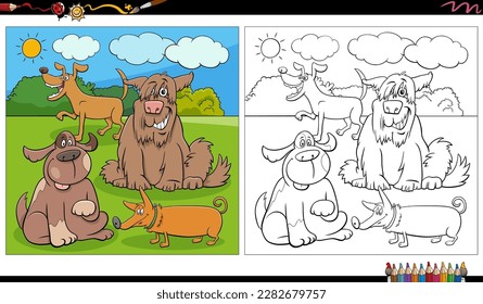 Cartoon illustration of funny dogs comic characters group in the park coloring page