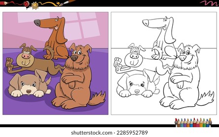 Cartoon illustration of funny dogs comic characters group indoor coloring page