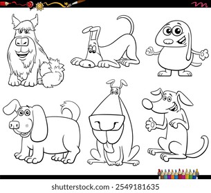 Ilustración de dibujos animados de perros divertidos, personajes de animales cómicos, página para colorear