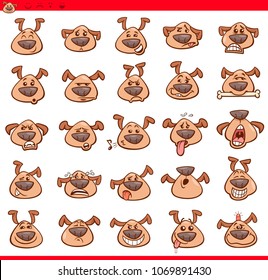 Cartoon Illustration of Funny Dogs Expressing Emotions or Emoji Icons Set