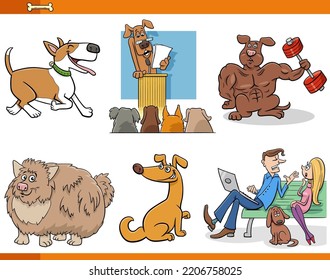 Cartoon illustration of funny dogs and people comic characters set