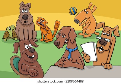 Cartoon illustration of funny dogs and pets comic characters group