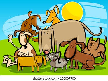 Cartoon Illustration of Funny Dogs or Puppies Group Against Blue Sky