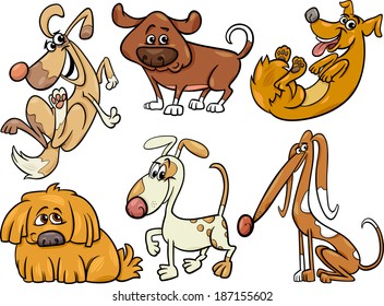 Cartoon Illustration of Funny Dogs or Puppies Pets Set