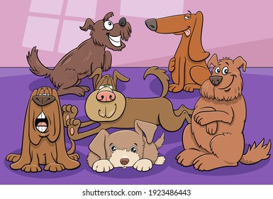 Cartoon illustration of funny dogs and puppies comic animal characters group