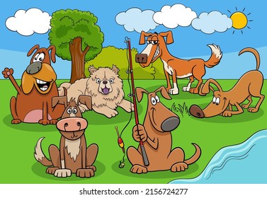 Cartoon illustration of funny dogs and puppies comic animal characters group by the river