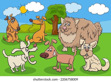 Cartoon illustration of funny dogs and puppies animal characters group