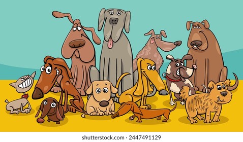 Cartoon illustration of funny dogs and puppies animal characters group at home