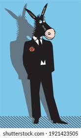 Cartoon illustration of funny donkey dressed up in black suit