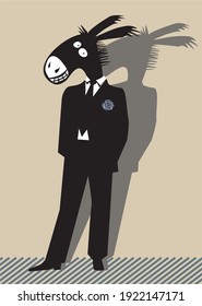 Cartoon illustration of funny donkey dressed up in black suit