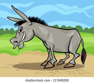Cartoon Illustration of Funny Donkey Farm Animal against Blue Sky and Field