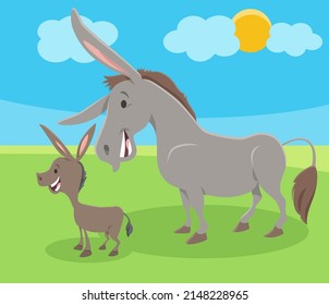 Cartoon illustration of funny donkey farm animal character with foal