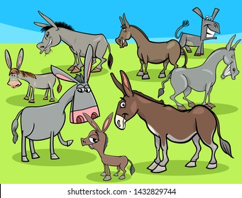 Cartoon Illustration of Funny Donkeys Farm Animal Characters Group