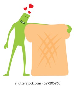 Cartoon illustration of funny doodle character hugging a toast