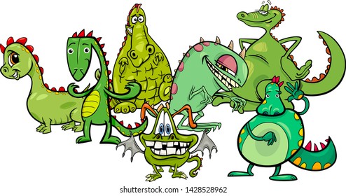 Cartoon Illustration of Funny Dragons Fantasy Creatures Characters Group