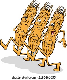 Cartoon illustration of funny ears of grain food comic character marching