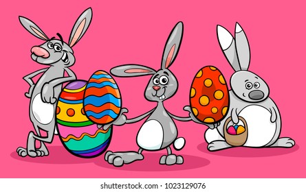 Cartoon Illustration of Funny Easter Bunnies Characters with Colored Eggs