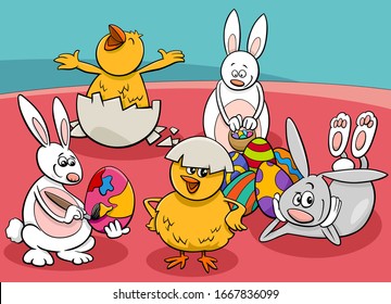 Cartoon Illustration of Funny Easter Bunnies and Chicks Characters with Colored Eggs