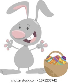 Cartoon Illustration of Funny Easter Bunny with Basket of Colored Eggs
