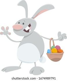Cartoon Illustration of Funny Easter Bunny with Basket of Colorful Eggs