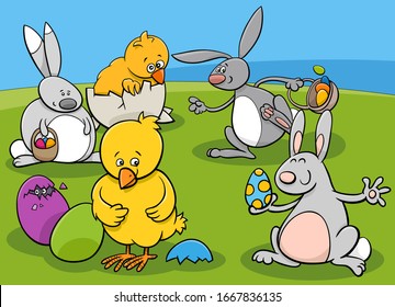 Ilustración de divertidos personajes de Pascua con huevos de colores en días festivos