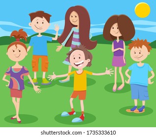 Cartoon Illustration of Funny Elementary or Teen Age Children Characters Group in the Park