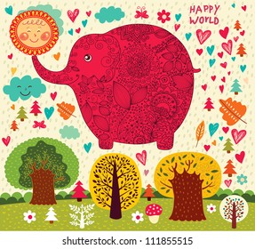 Cartoon illustration with funny elephant, sun and trees.