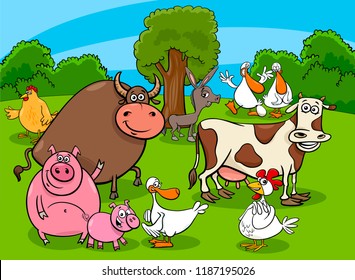 Cartoon Illustration of Funny Farm Animal Characters Group on the Meadow