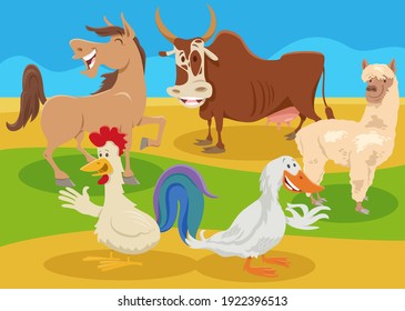 Cartoon illustration of funny farm animal characters group in the countryside