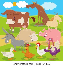 Cartoon illustration of funny farm animal characters group in the countryside