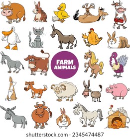 Cartoon illustration of funny farm animal characters big set