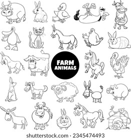 Cartoon illustration of funny farm animal characters big set coloring page