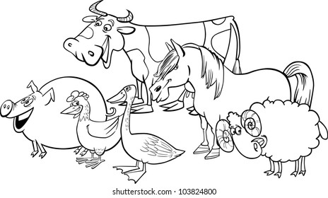 Cartoon illustration of funny farm animals group for coloring book