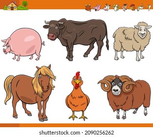 Cartoon illustration of funny farm animals comic characters set