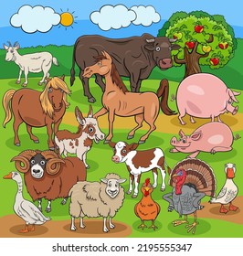 Cartoon illustration of funny farm animals comic characters group