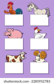 Cartoon illustration of funny farm animals with blank cards or banners design set