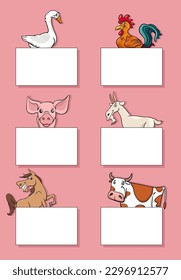 Cartoon illustration of funny farm animals with blank cards or banners design set