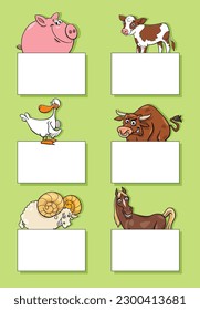 Cartoon illustration of funny farm animals with blank cards or banners design set