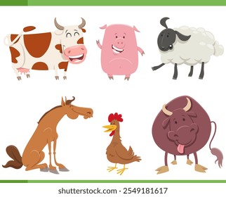 Cartoon illustration of funny farm animals comic characters set