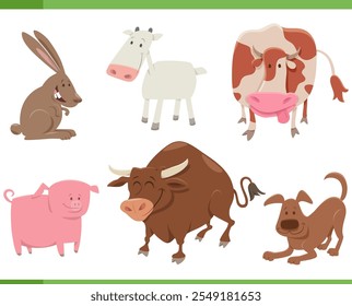 Cartoon illustration of funny farm animals comic characters set