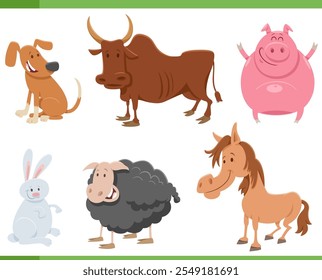 Cartoon illustration of funny farm animals comic characters set