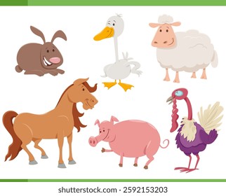 Cartoon illustration of funny farm animals comic characters set