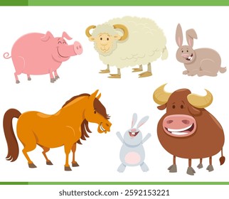 Cartoon illustration of funny farm animals comic characters set